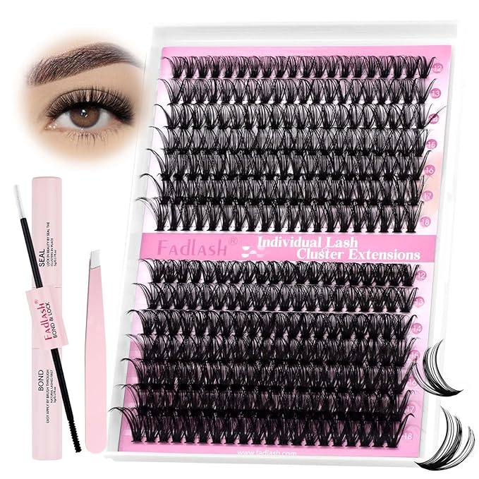 FADLASH DIY Lash Extension Kit Individual Lashes Cluster D Curl Eyelash Extension Kit with Lash Bond and Seal and Lash Applicator Tool for Self Application at Home (40D+50D-0.07D-12-18MIX KIT)