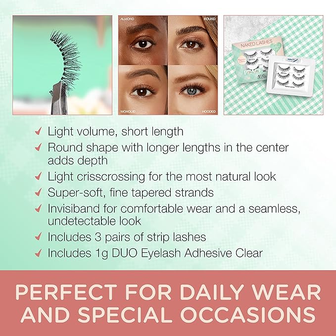 Ardell Naked Lashes 420 – Natural Look False Eyelashes with Bonus DUO Adhesive, Soft & Fluffy Wispy Lashes Strips, Holiday Gift Set, 3 Pairs