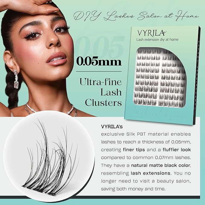 Lash Clusters 0.05mm Individual Lashes, 3D Wispy Lashes Clusters, 0.1mm Super Thin Band Resuable Natural Lashes,D Curl Faux Mink Lashes,180pcs Lash Extension (Green Charm-D-0.05-8-16mix)