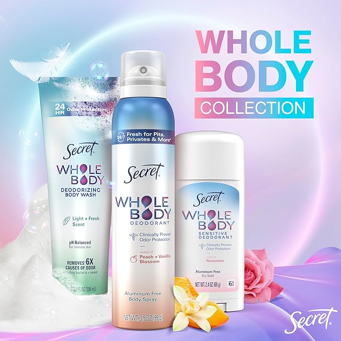 Secret Feminine Wash, 24 HR Deodorizing Feminine Body Wash for Women, Removes 6x Causes of Odor, PH Balanced, Safe to Use Everywhere, Peach & Vanilla Blossom Scent, 8.0 oz