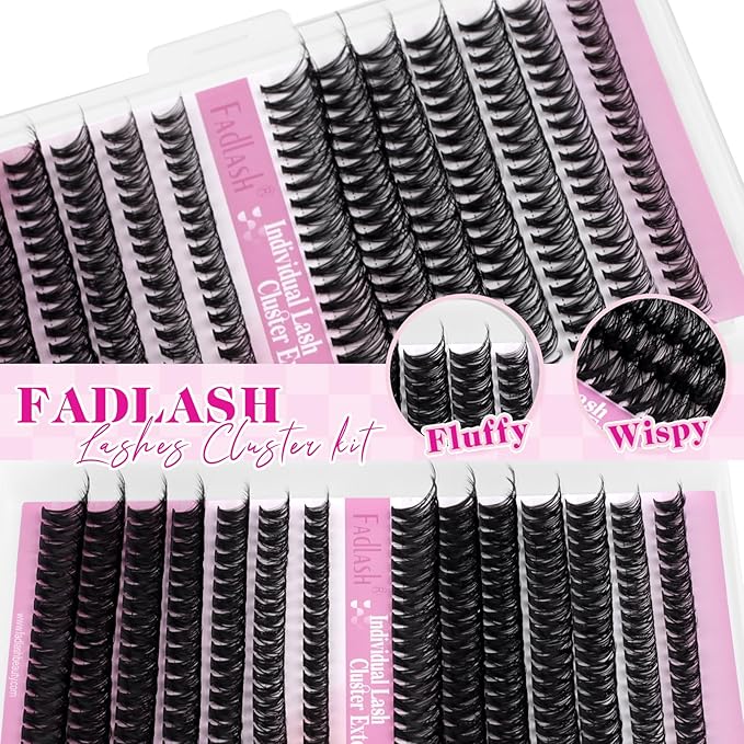 FADLASH Lash Clusters Kit 560Pcs Eyelash Clusters Kit 8-16mm Individual D Curl Cluster Eyelash Extensions with Lash Bond and Seal Lash Tweezers (30D+40D+50D+60D Kit 8-16mm)