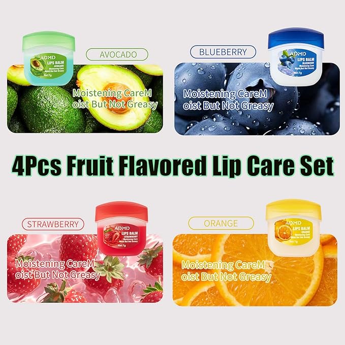 4Packs Admd Fruity Lip Balm Set,Fruit Flavored Lip Care Set,Mini Colorless Lipsticks,Moisturizing Masks, Long-lasting Nourishing Smooth Soft, Hydrated Lips Overnight (4Pcs)