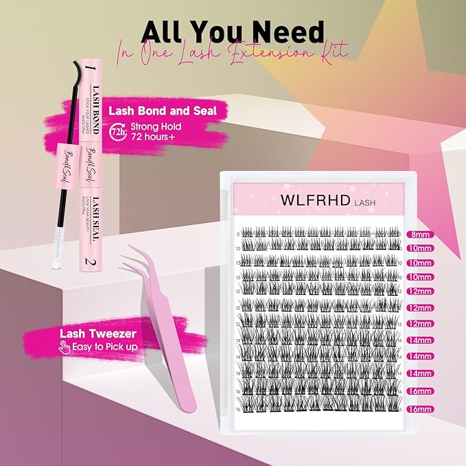 WLF Lash Clusters Kit, 144 pcs Individual Eyelash Clusters Lash Extension Kit D Curl Wispy Lash Kit with Eyelash Bond and Seal and Applicator for False Eyelash Extensions(Zephyr-Mix 8-16mm Kit)