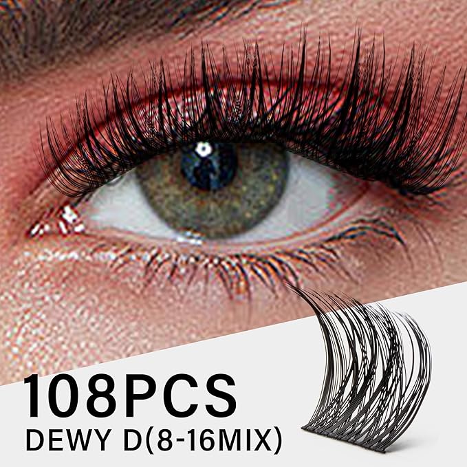 Lash Clusters 8-16mm, False Eyelashes 108pcs, Cluster Eyelash Extensions Matte Black Soft, Diy Lash Extensions D Curl Natural Lash Clusters Faux Mink Lashes Wispy（Dewy,108pcs,0.07,D,8-16MIX)