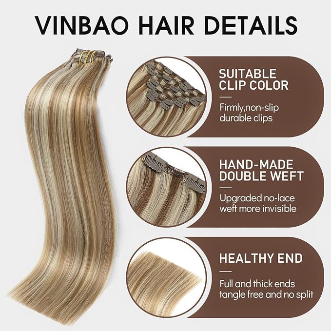 VINBAO Blonde Hair Extensions Clip in Real Human Hair Highlight Clip in Hair Extensions Ash Brown Highlights Platinum Blonde 22 Inch 7Pcs 160G Invisible Silky Feeling Easy to Apply (7C#8P60-22Inch)