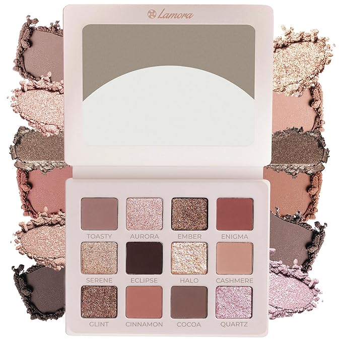 Lamora Nude Eyeshadow Palette - 12 Soft Pink Rose Shadows, Multi-Use Eye Makeup Palette with Matte & Shimmer Finishes, Ultra-Blendable Everyday Neutrals, Long-lasting Wear, Travel Makeup with Mirror