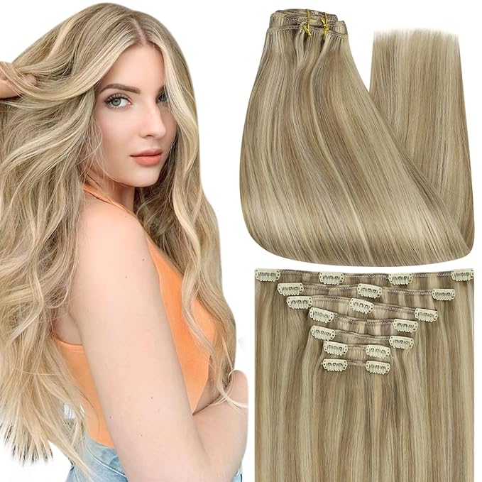 Full Shine Blonde Hair Extensions Clip ins 12 Inch Dirty Blonde Highlights Light Blonde Clip in Hair Extensions for Short Thin Hair 95 G 7 Pcs