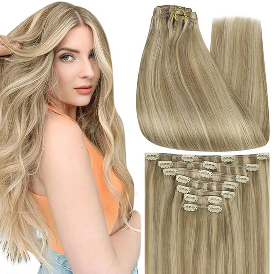 Full Shine Clip on Hair Extensions Blonde Highlights Human Hair Clip in Extensions 16 Inch Dark Blonde Mix Light Blonde Hair Extensions Human Hair 120 G 7 Pcs