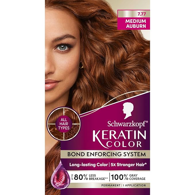 Schwarzkopf Keratin Permanent Hair Dye Cream, 7.7 Medium Auburn, Professional Quality Color for Up to 100% Gray Coverage, Bond Enforcing System