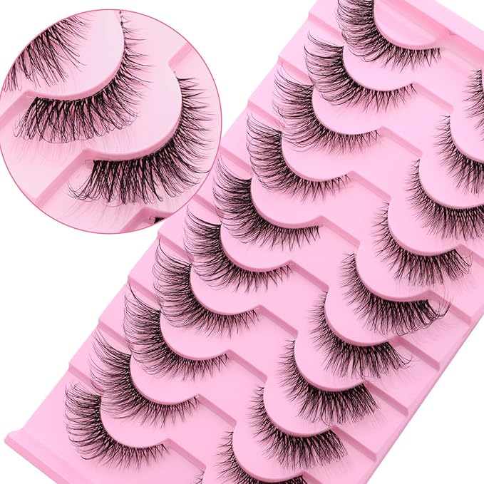 Natural Cat Eye Lashes Wispy False Eyelashes Thin Cotton Band Soft Mink Lashes Natural Eye Lashes Kit with Clear Glue Pack 10 Pairs by FADVAN-By003