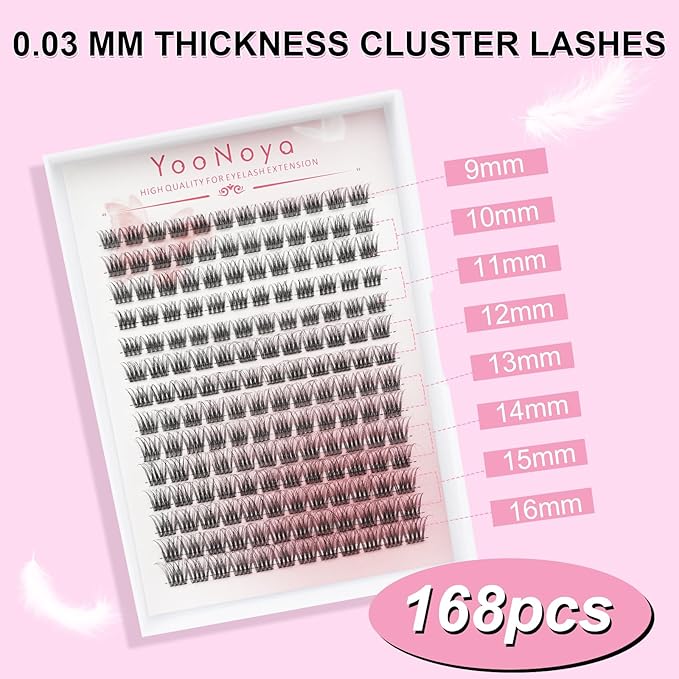 168Pcs Ultra-Fine soft Lash Clusters 0.03 mm thick 9-16mm Mixed Length Natural Wispy Eyelash Clusters Lightweight, easy to apply Lashes With premium eyelash effect (QR-0.03mm thickness - 168Pcs)