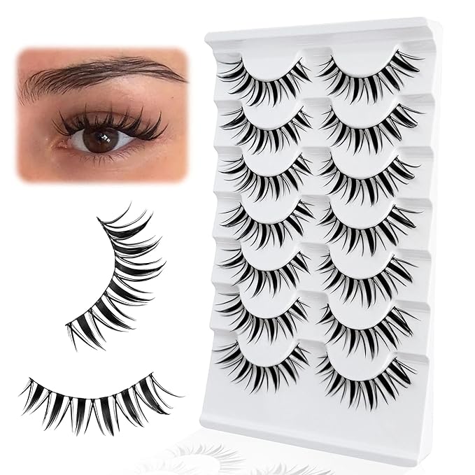NINGLASH Fairy Lashes Manga Lash False Eyelashes Natural Look Anime Lashes Fake Lashes 16mm Eye Lashes Strips Lashes Wispy False Lashes Clear Band 7 Pairs Pack Spikes Lash