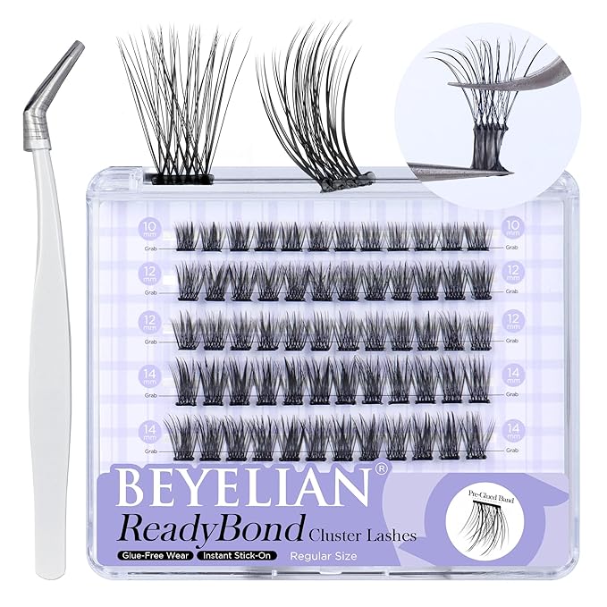 Self Adhesive Lashes Natural Self Adhesive Eyelash Clusters Pre glued Lash Clusters No Glue Needed Lashes Wispy D+curly Cluster Eyelash extensions 10-16MM Individual Lashes(R06)