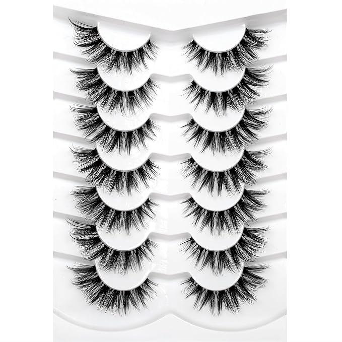 Pooplunch False Eyelashes Invisible Band Cat Eye Lashes Wispy Extension Volume Natural Short Fake Eyelash Faux Mink Lashes Strips 7 Pairs Pack