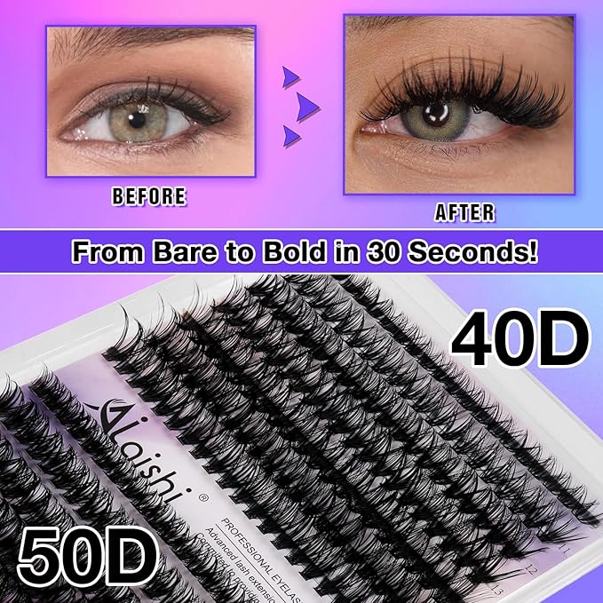 Lash Clusters Kit, DIY Cluster Eyelash Extensions 9‑16mm, 40D+50D, 280pcs Fluffy D Curl Natural Lashes with Bond & Seal,Tweezers–Fake Cat Eye Wispy Individual Clusters
