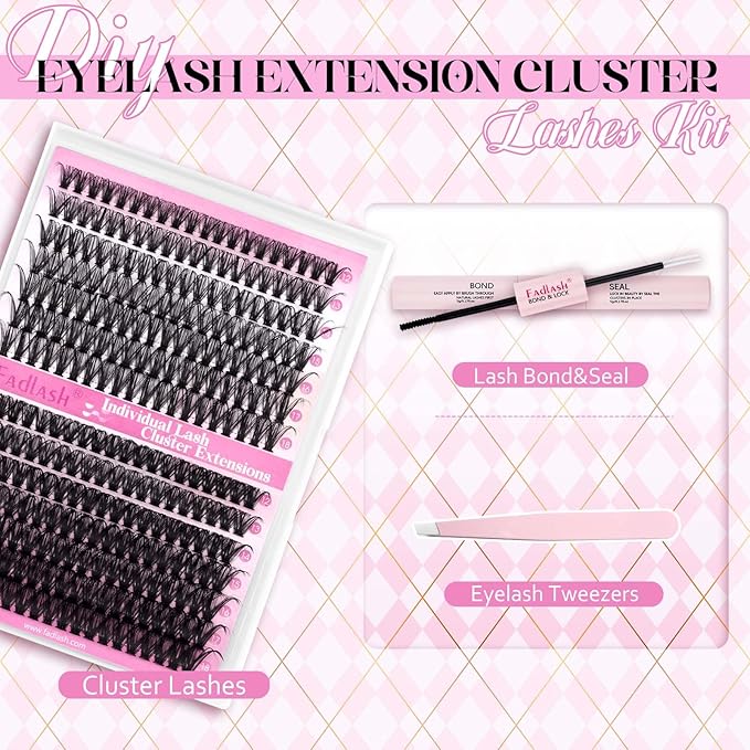 FADLASH DIY Lash Extension Kit Individual Lashes Cluster D Curl Eyelash Extension Kit with Lash Bond and Seal and Lash Applicator Tool for Self Application at Home (40D+50D-0.07D-12-18MIX KIT)