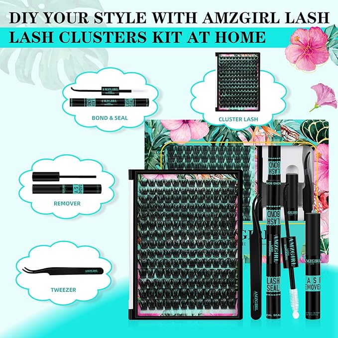 Lash Clusters Kit 168pcs Eyelash Extension Kit Cluster Lashes Natural Look with Lash Bond and Seal Waterproof, Lash Remover Eyelashes Tweezer with Wet Look Ultra-Thin Band Lashes(Tulip-Kit,D-10-18mm)