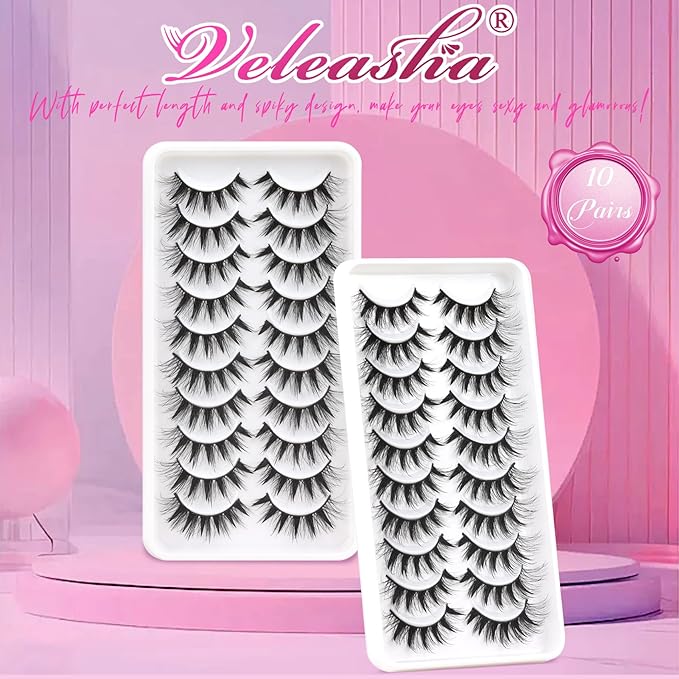 Veleasha Manga Lashes Wispy Eyelashes 7-15MM C Curl Cat Eye Lashes with Soft Black Cotton Band Anime Spiky Eyelashes Crisscross False Eyelash 10 Pairs Pack (Spiky04)
