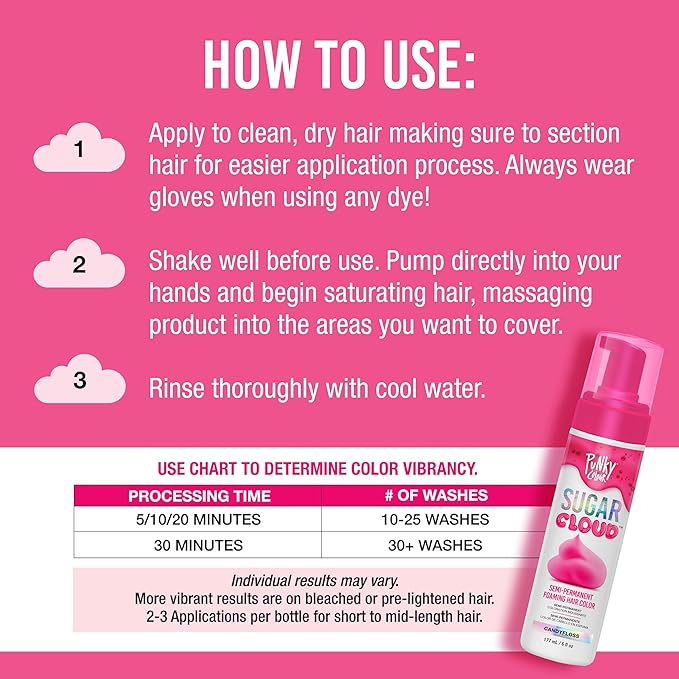 Punky Sugar Cloud Semi-Permanent Foam Hair Color, CandyFloss - Vibrant Hair Dye for Long-Lasting Color, Easy Application Foam Hair Dye, 6 fl oz.