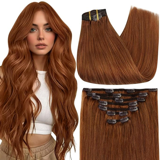 Full Shine Copper Human Hair Clip in Extensions 18 Inch Copper Orange Hair Extensions Clip ins Invisible Remy Hair Extensions Straight for Raving 7 Pcs 120 G