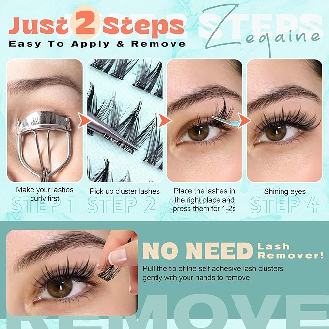 Zegaine Manga Self Adhesive Eyelashes Natural Look Self Adhesive Lash Clusters No Glue Needed Asian Anime Pre Glued Lashes Natural Lash Clusters Reusable C-Curly Spiky Pre Glued Eyelashes 8-16MM