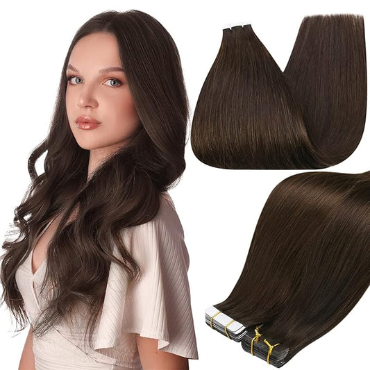Full Shine Tape in Hair Extensions Human Hair Color 2 Darkest Brown Remy Invisible Tape ins Human Hair Extensions 28Inch Long Straight Seamless Skin Weft 50Gram 20Pcs for Women Add Length
