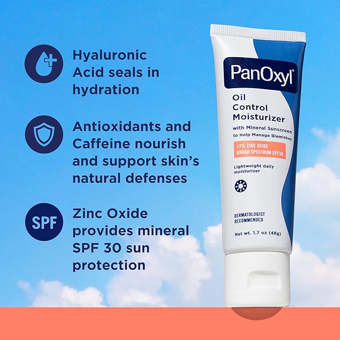 PanOxyl AM Oil Control Moisturizer, NEW Sheer Formula, Absorbs Excess Oil and Reduces Shine, with Mineral Sunscreen for Acne Prone and Oily Skin - SPF 30 - 1.7 oz