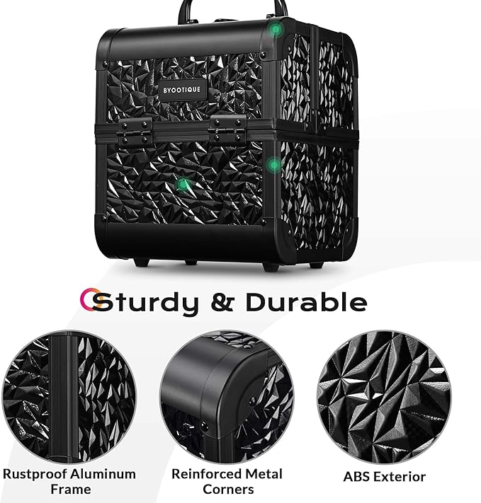 BYOOTIQUE Makeup Organizer Case with Mirror 2-Tier Trays Lockable Cosmetology Case Jewelry Storage box for Nail Tech Beauty Salon Barbershop Hairstylist,Mermaid Black