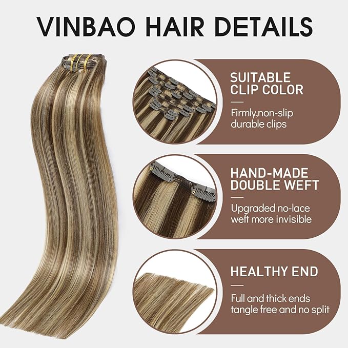 VINBAO Clip in Hair Extensions Real Human Hair 7Pcs 140 Grams Dark Brown Highlights Caramel Blonde Clip in Human Hair Extensions Straight Remy Hair 14 Inch Thick End (#HC4P27,14'')