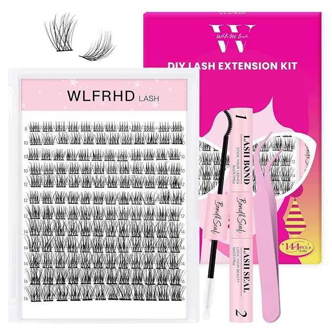 WLF Lash Clusters Kit, 144 pcs Individual Eyelash Clusters Lash Extension Kit D Curl Wispy Lash Kit with Eyelash Bond and Seal and Applicator for False Eyelash Extensions(Zephyr-Mix 8-16mm Kit)