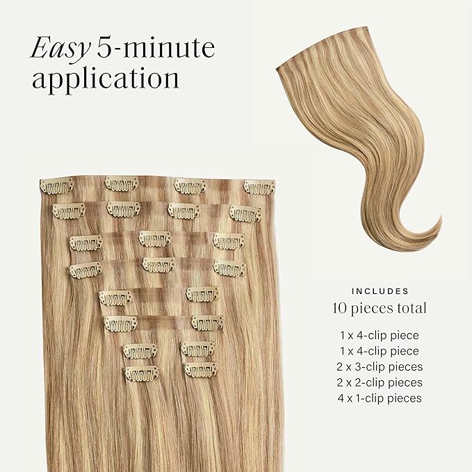 Luxy 100% Remy Human Hair - Seamless Clip-In Hair Extensions - Multi-Dimensional Color for Natural Blending, Adds Volume & Length 50 grams 12" Dirty Blonde Highlights
