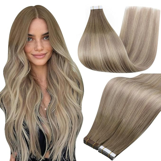 Full Shine Tape in Hair Extensions Human Hair 12Inch Balayage 8 Ash Brown Ombre 18 Ash Blonde And 60 Platinum Blonde Tape in Extensions Invisible Straight Hair 30G 20Pcs Double Sided Tape Remy Hair