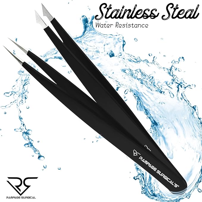 Professional Tweezers Pointed & Slanted for Eyebrow Stainless Steel 2, Pcs Set, Pointed Slant Tip Tweezers for Facial Hair, Plucking Removing Ingrown Hairs, Tweezer for Women Men (Black)