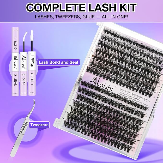 Lash Clusters Kit, DIY Cluster Eyelash Extensions 9‑16mm, 40D+50D, 280pcs Fluffy D Curl Natural Lashes with Bond & Seal,Tweezers–Fake Cat Eye Wispy Individual Clusters