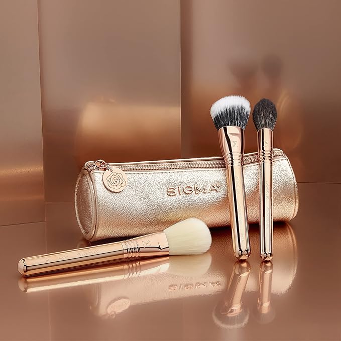 Sigma Beauty Bloom + Glow Makeup Brush Set - 3 Brushes for Blush, Contour, & Highlighter - Premium Makeup Brushes with Rose Gold Bag - Hypoallergenic, Vegan & Cruelty-Free