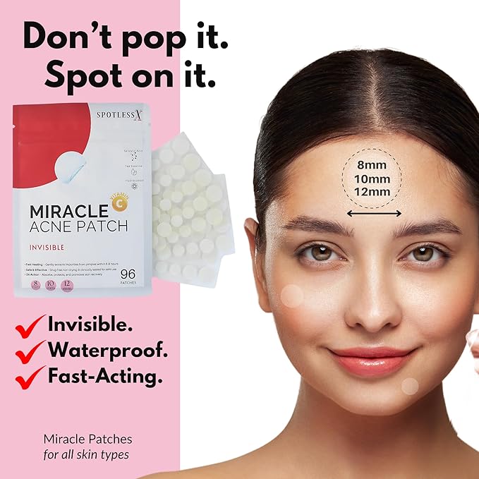 Invisible Pimple Patch, Overnight Miracle Patches for Face & Body, Fast-Acting Zit Stickers, Hydrocolloid Acne Treatment with Tea Tree Oil & Salicylic Acid–Waterproof, Hypoallergenic. 96 Pcs 3 Sizes