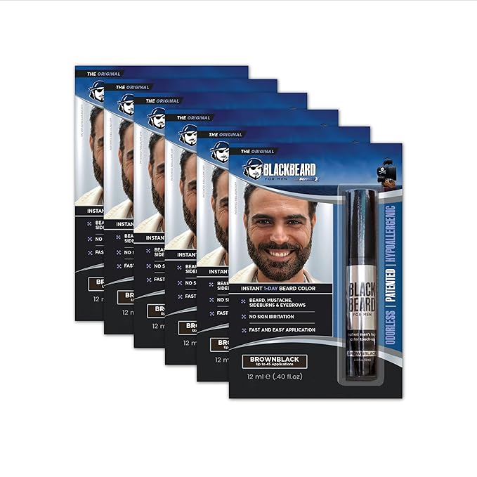 Blackbeard for Men Instant Beard Color – All Day Beard, Mustache, Eyebrow, and Sideburns Color – Temporary, Hypoallergenic Beard Dye Alternative – Up to 45 applications – Brown/Black, 6 Pack