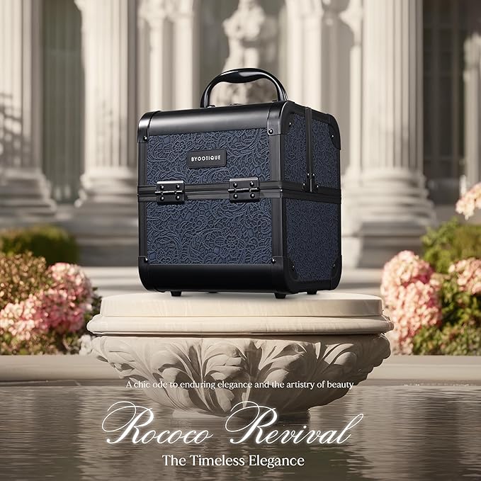 BYOOTIQUE Travel Makeup Case with Mirror 2-Tier Trays Cosmetic Organizer Jewelry Box for Beautician Nail Tech Barbershop Hairstylist,Rococo Midnight