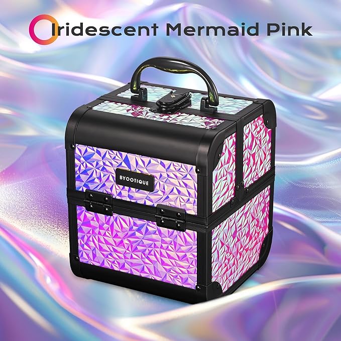 BYOOTIQUE Mermaid Makeup Train Case with Mirror 2-Tier Trays Cosmetic Organizer Lockable Jewelry Box for Nail Bar Beautician Salon Barber Hairstylist,Mermaid Pink