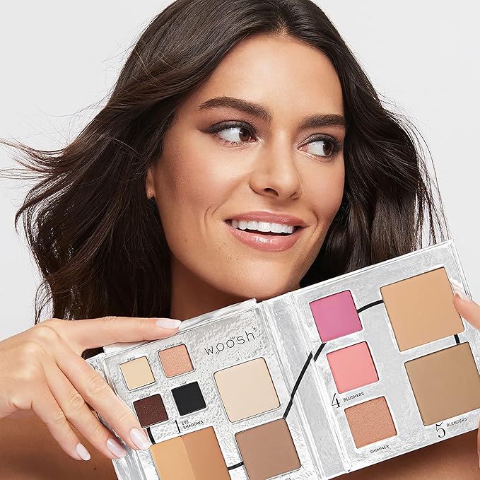 Woosh Beauty, Jetsetter Bundle in #2.5 Medium Tan, Fold out Face Original, Essential Brush Set, Travel Case in Hot Pink