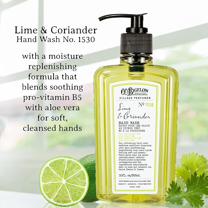 C.O. Bigelow Hand Wash, Lime Coriander Soap, No. 1530 - Village Perfumer Moisturizing Hand Wash for Bathroom & Kitchen with Aloe Vera, 10 fl oz, Pack of 2
