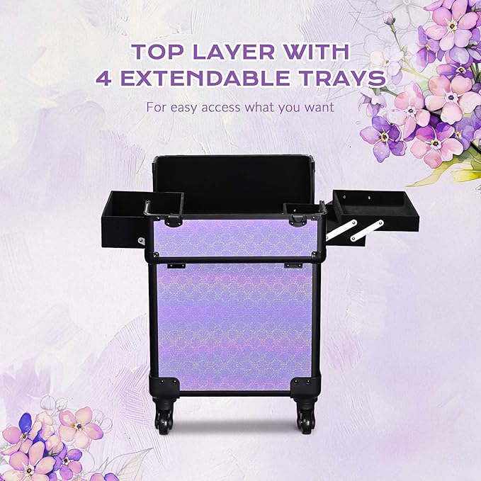 BYOOTIQUE Makeup Rolling Case Nail Cart Organizer with Wheels False Eyelash Storage Hairdressing Brush Bags for Beauty Salon Hairstylist Barbershop,Charm ForgetMeNot