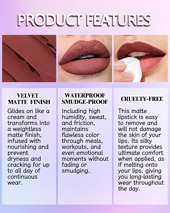 Matte Lipstick, Velvet Rose Nude Lip Stick Crayon Pencil, Waterproof Long Wear Lipstick 24 Hour High Pigmented, Smudge-proof Non-stick Hydrating Natural Lipgloss Christmas Makeup gift for Women-02