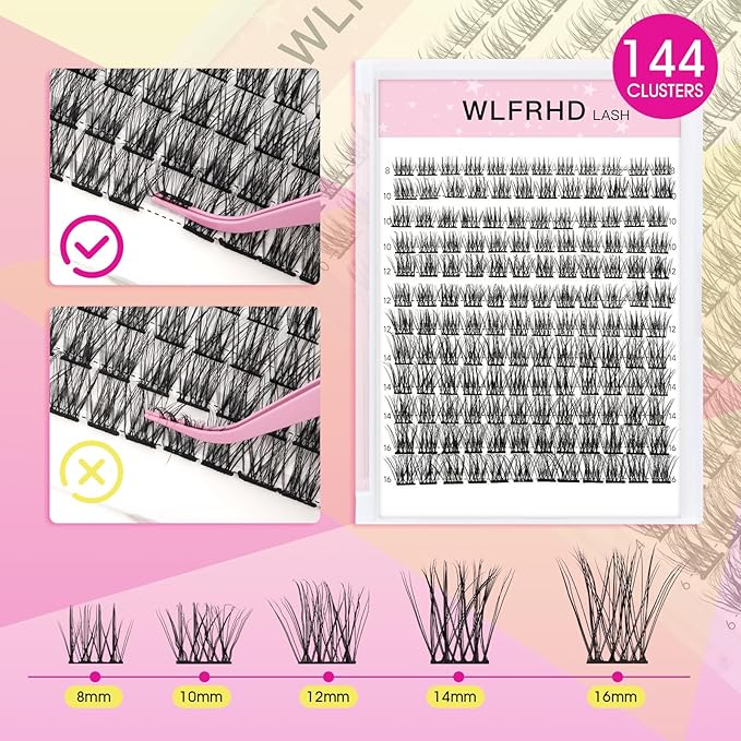 WLF Lash Clusters Kit, 144 pcs Individual Eyelash Clusters Lash Extension Kit D Curl Wispy Lash Kit with Eyelash Bond and Seal and Applicator for False Eyelash Extensions(Zephyr-Mix 8-16mm Kit)