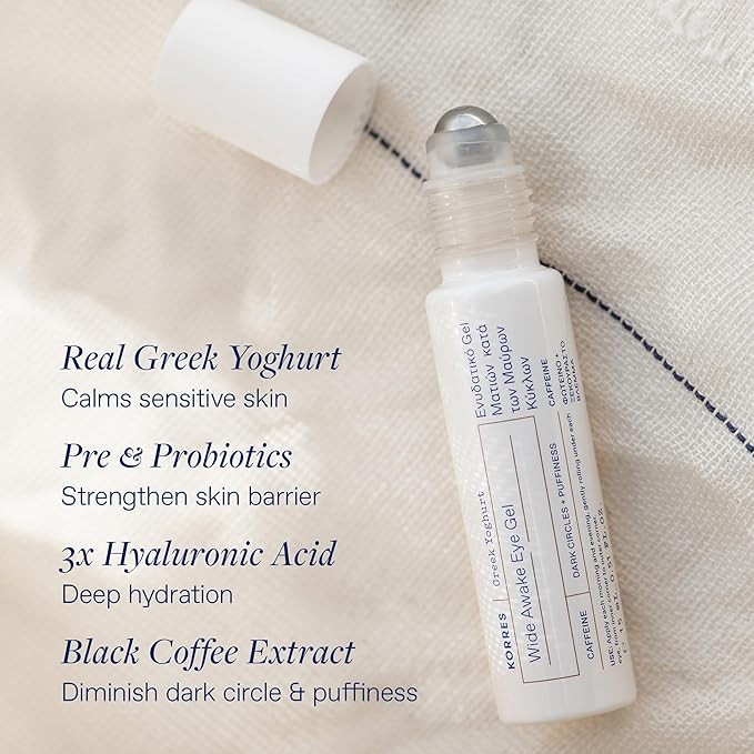 KORRES Greek Yoghurt Wide Awake Eye Gel Serum with Hyaluronic Acid & Caffeine for Dark Circles & Puffy Eyes, Roller Ball, Brightening & Hydrating, 0.51 fl oz, Stocking Stuffer