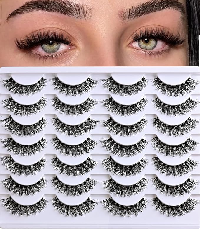 Cat Eye Lashes Natural Wispy Eyelashes 14 Pairs Short Fake Lashes Strips 9-14mm False Mink Eyelash Pack Small Clear Invisible Band Strip Lash Natural Look