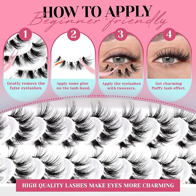 Losha Lashes Wispy Cat Eye Lashes 10 Pairs Natural False Eyelashes with Clear Band 7-15mm Fake Lashes C Curl Lash Strips Lightweight with Soft Design (FT03)