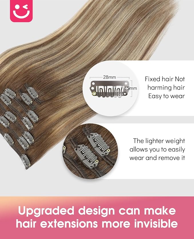Youngsmile Clip in Hair Extensions Human Hair, 14inch 7Pcs 120g Real Human Hair Clip in Extensions, Double Weft, Balayage Ombre Brown Fading to Caramel Blonde (CLIP#4/27/4-14Inch)