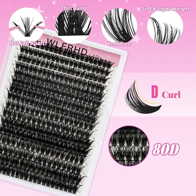 Lash Clusters Kit 320 Pcs DIY Individual Cluster Lashes D Curl Lash Extension Kit with Eyelash Bond and Seal, Remover, Tweezers Applicator Tool for False Eyelash Cluster Kit(80D, Mix9-16mm Kit)