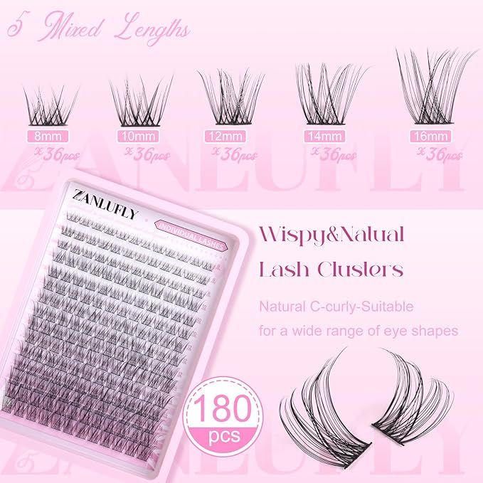 Lash CLusters Wispy Eyelash Clusters Natural Lash Extensions C-Curly zanlufly Individual Lashes DIY Eyelash Extensions at Home Mix Length Cluster Lashes (180Pcs,8-16MM)